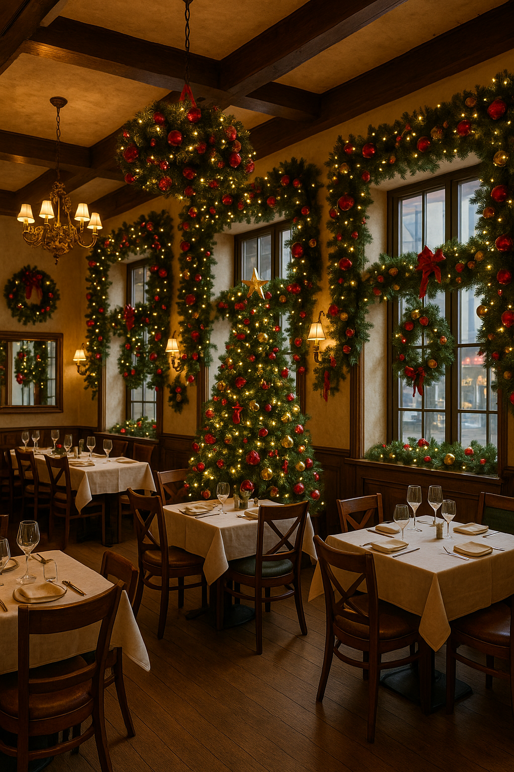 Новогоднее оформление интерьера «Классический Рождественский Стиль» — гирлянды, венки и ёлки для ресторанов