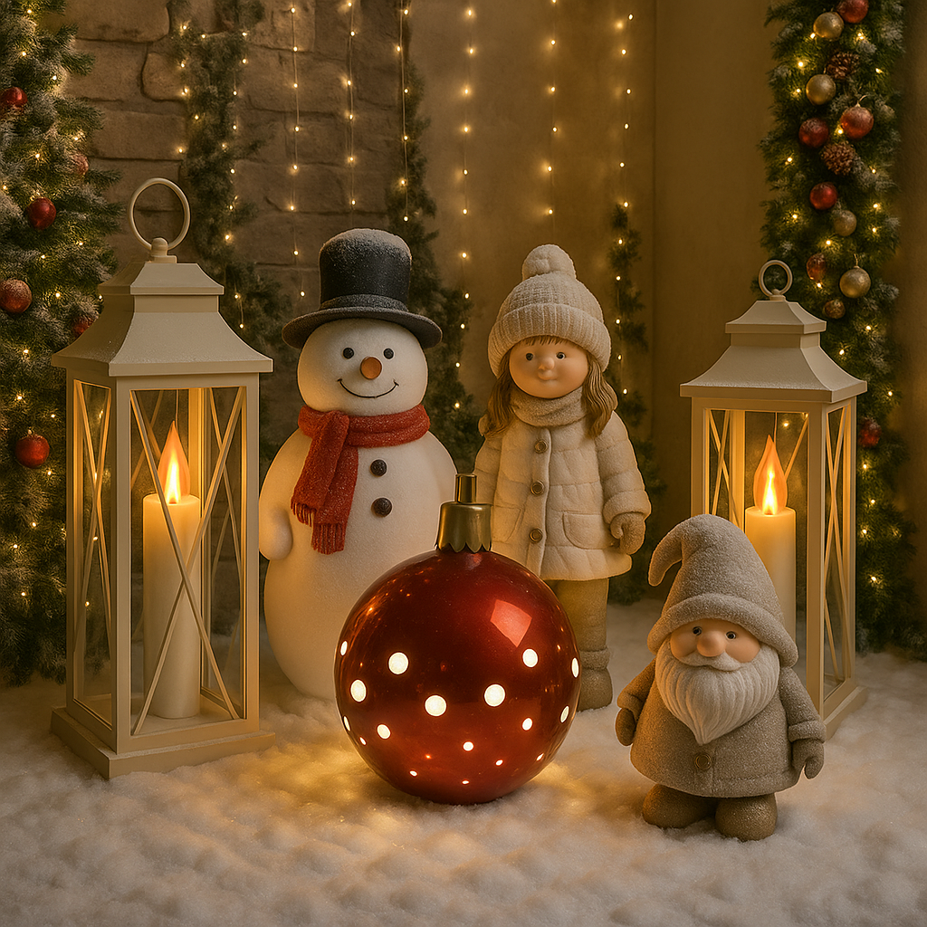 Новогодняя композиция «Снеговик, Девочка и Гном» — интерьерный арт-объект для праздничного оформления